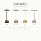 Les quatre finitions de la lampe Zéphyr Candeora : noir, or rose, or et argent