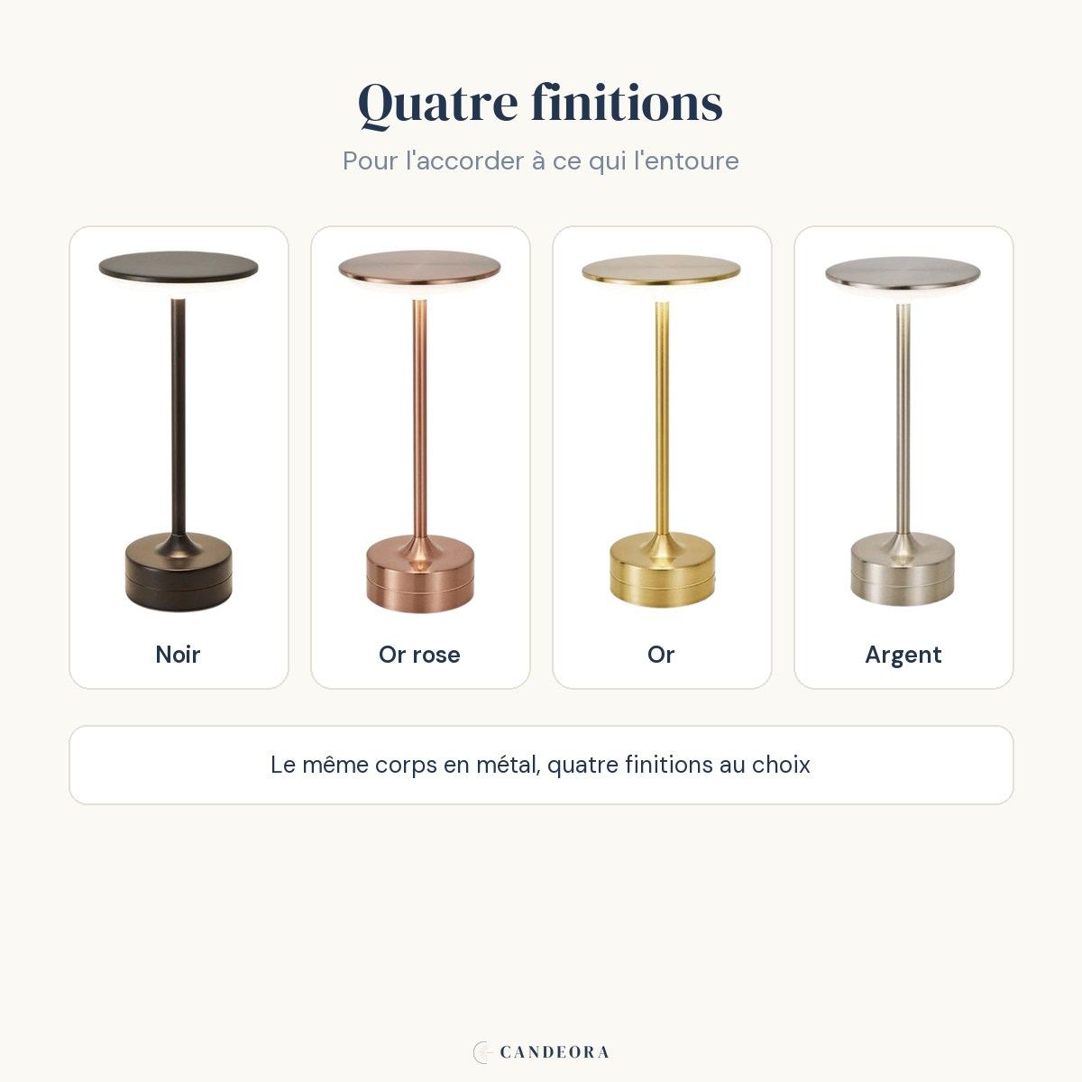 Les quatre finitions de la lampe Zéphyr Candeora : noir, or rose, or et argent
