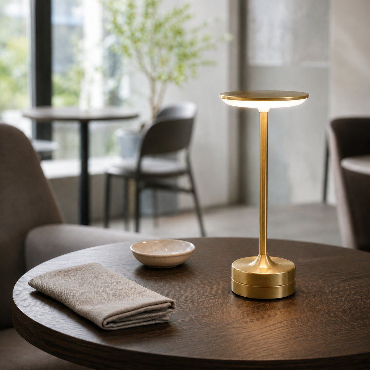 Lampe sans fil Zéphyr finition or allumée sur une table en noyer, en journée — Candeora