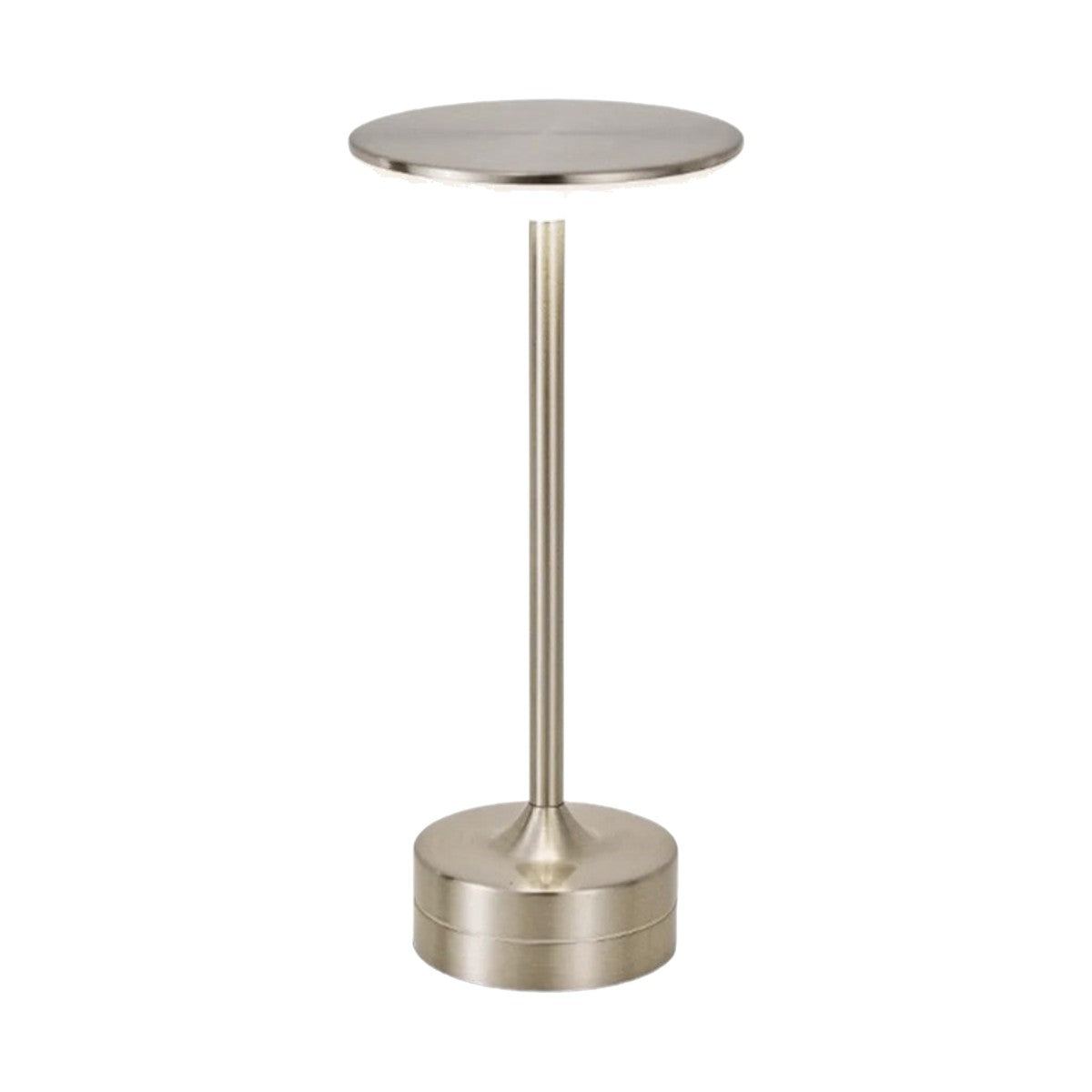 Lampe de bureau sans fil Zéphyr, finition argent - colonne en métal et disque lumineux, sur fond blanc.
