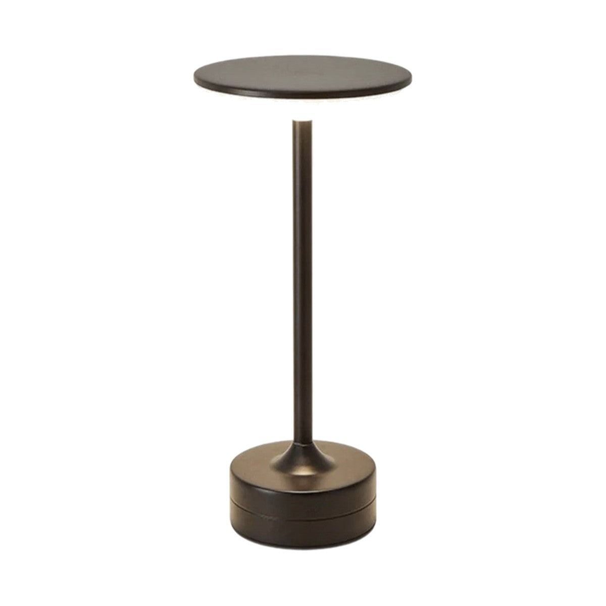 Lampe de bureau sans fil Zéphyr, finition noire - colonne en métal et disque lumineux, sur fond blanc.