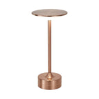 Lampe de bureau sans fil Zéphyr, finition or rose - colonne en métal et disque lumineux, sur fond blanc.
