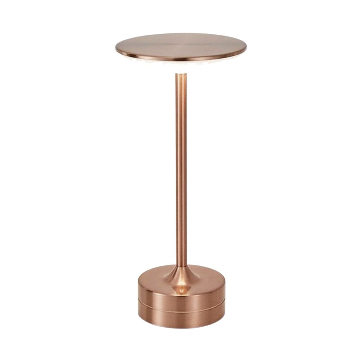 Lampe de bureau sans fil Zéphyr, finition or rose - colonne en métal et disque lumineux, sur fond blanc.