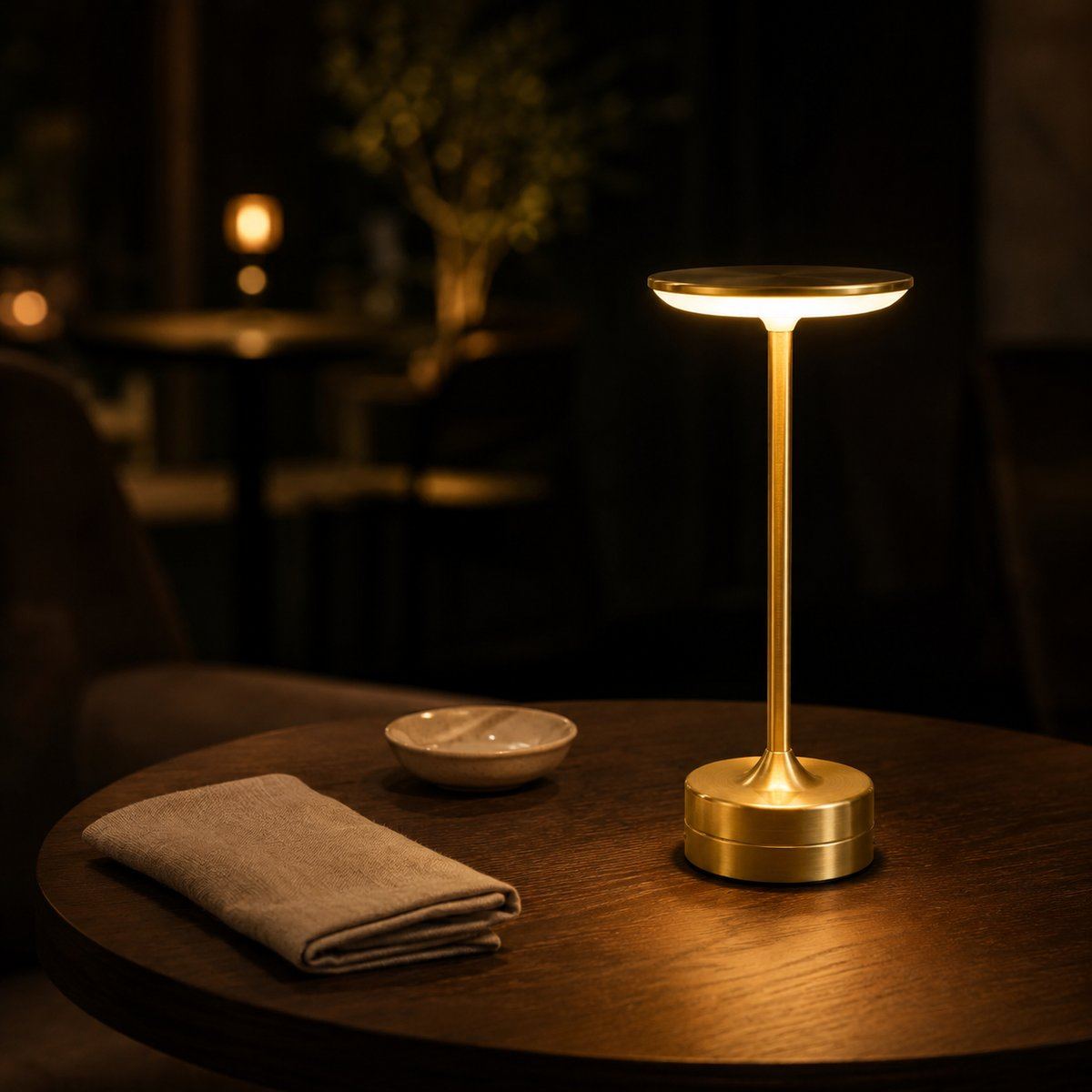 Lampe sans fil Zéphyr finition or, lumière chaude sur une table le soir — Candeora