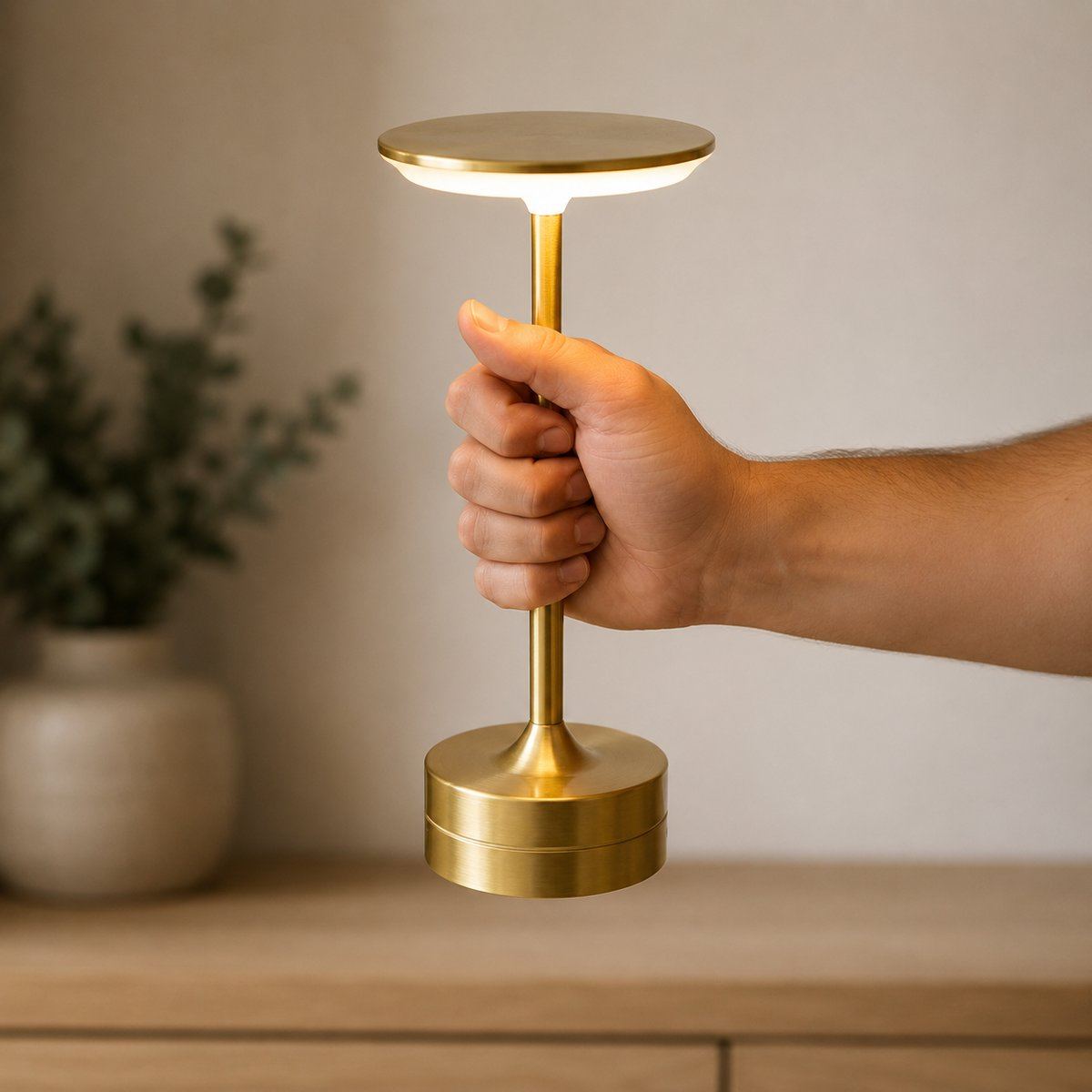 Main portant la lampe sans fil Zéphyr par sa colonne, allumée — Candeora