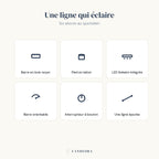 Les atouts de la lampe Linéa : bois noyer, pied laiton, LED intégrée, barre orientable.