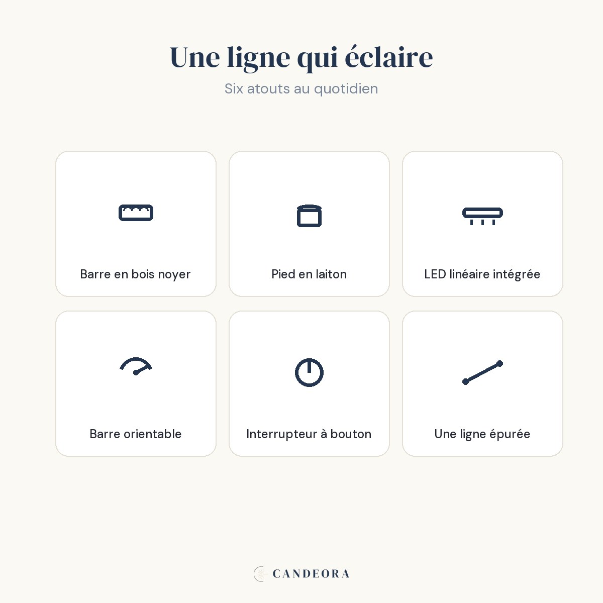 Les atouts de la lampe Linéa : bois noyer, pied laiton, LED intégrée, barre orientable.