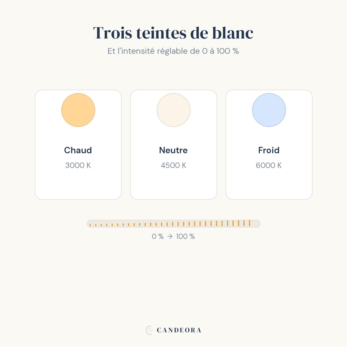 Trois teintes de blanc (3000, 4500, 6000 K) et intensité réglable de 0 à 100 %.