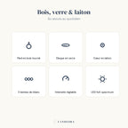Les atouts de la lampe Lucerna : bois tourné, disque de verre, cœur laiton, 3 teintes, LED full-spectrum.