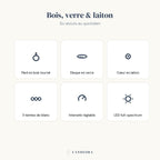 Les atouts de la lampe Lucerna : bois tourné, disque de verre, cœur laiton, 3 teintes, LED full-spectrum.