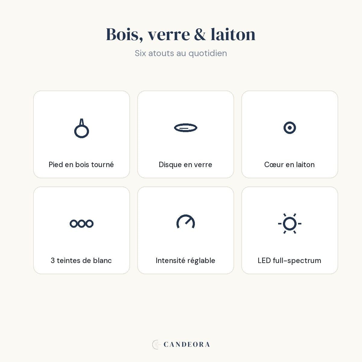 Les atouts de la lampe Lucerna : bois tourné, disque de verre, cœur laiton, 3 teintes, LED full-spectrum.