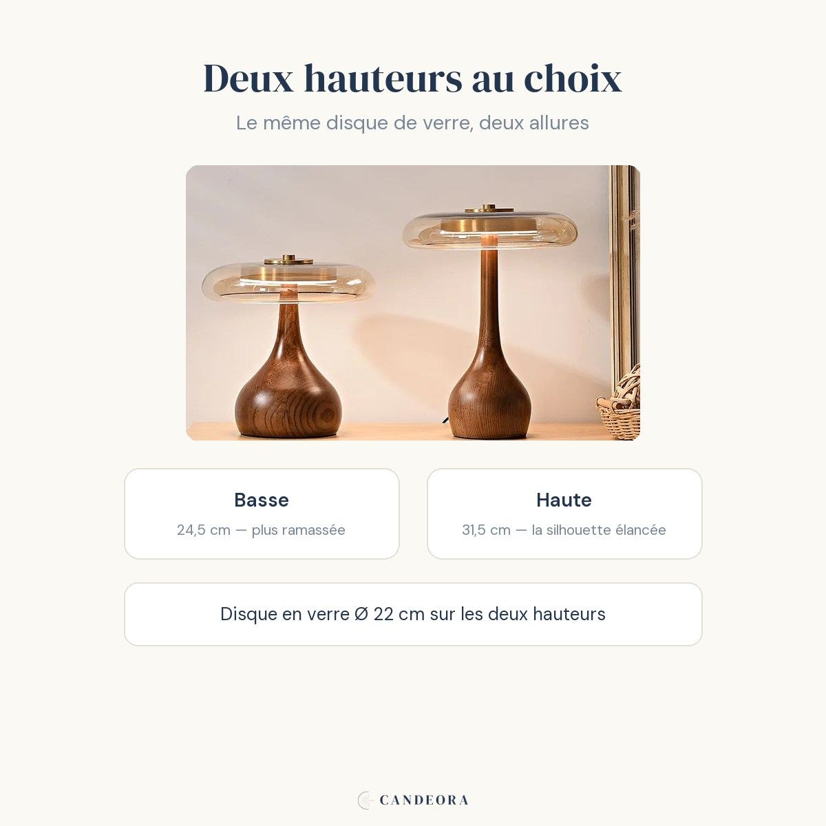 Les deux hauteurs de la lampe Lucerna Candeora côte à côte : 24,5 cm et 31,5 cm