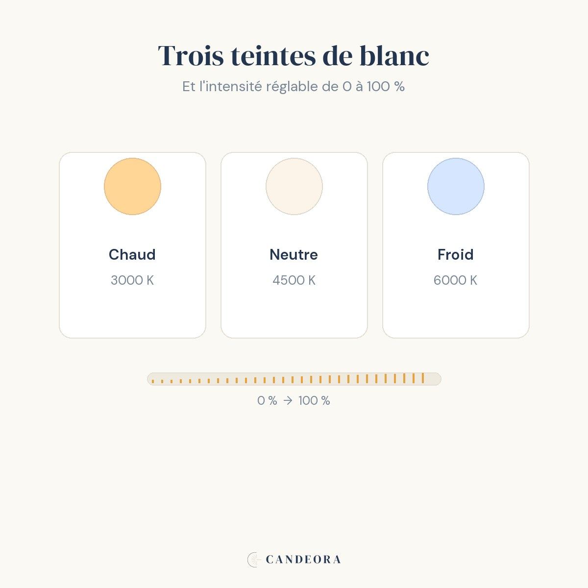 Trois teintes de blanc (3000, 4500, 6000 K) et intensité réglable de 0 à 100 %.
