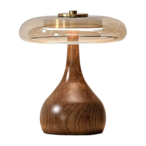 Lampe de bureau design Lucerna, modèle bas - pied en bois tourné et disque de verre, sur fond blanc.