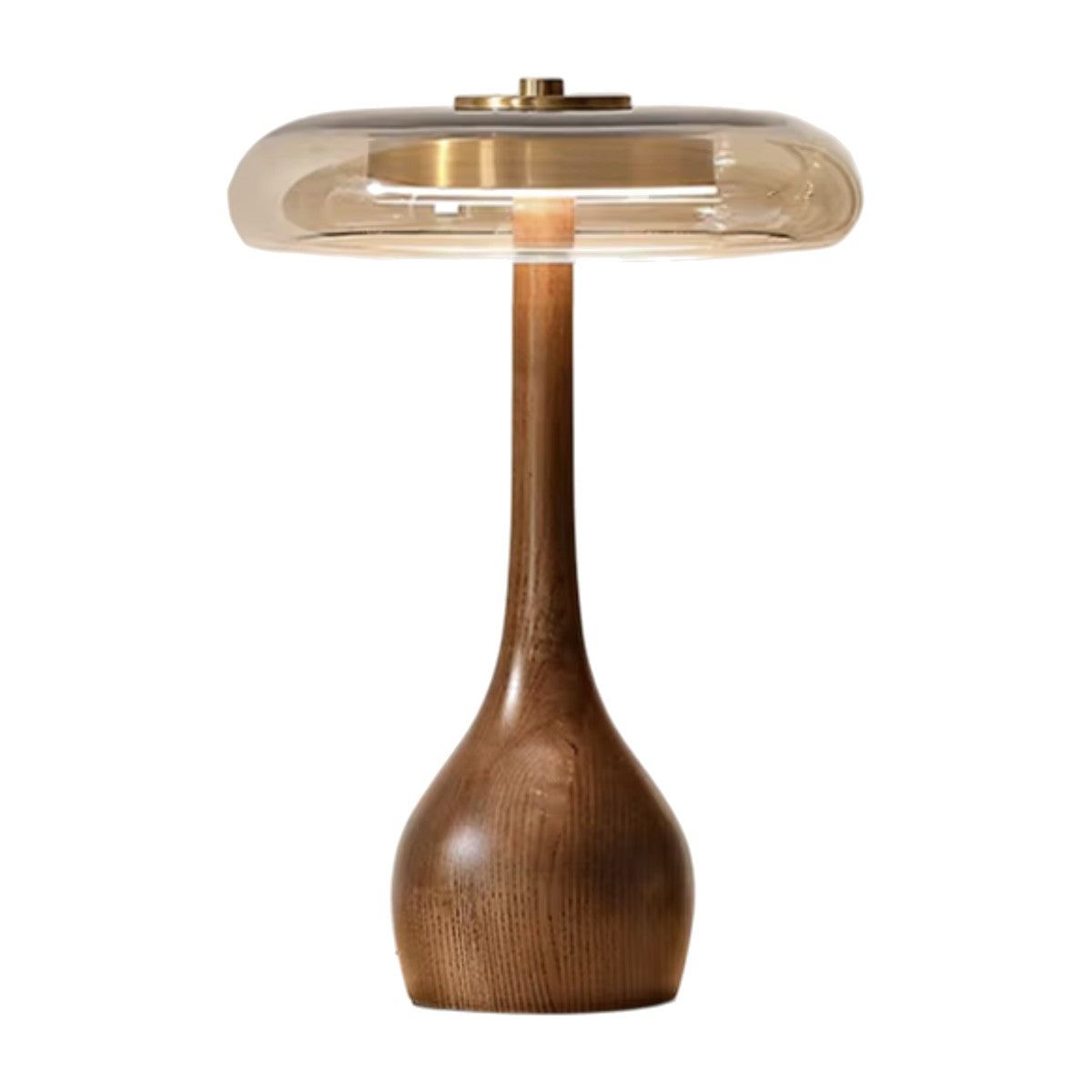 Lampe de bureau design Lucerna, modèle haut - pied en bois tourné et disque de verre, sur fond blanc.