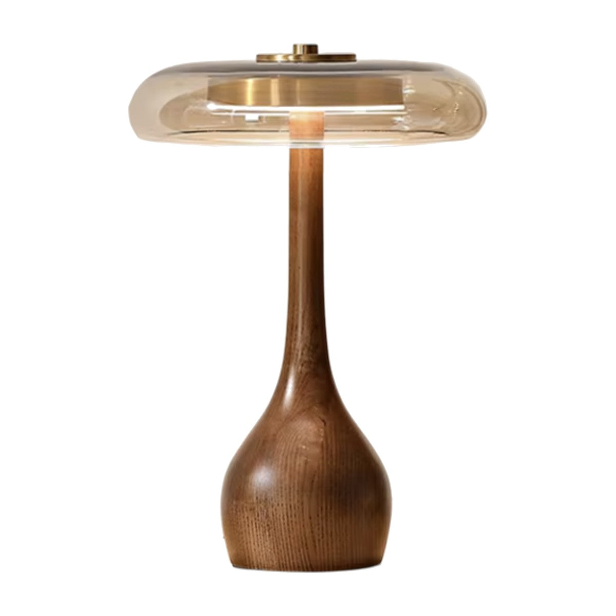 Lampe de bureau design Lucerna, modèle haut - pied en bois tourné et disque de verre, sur fond blanc.