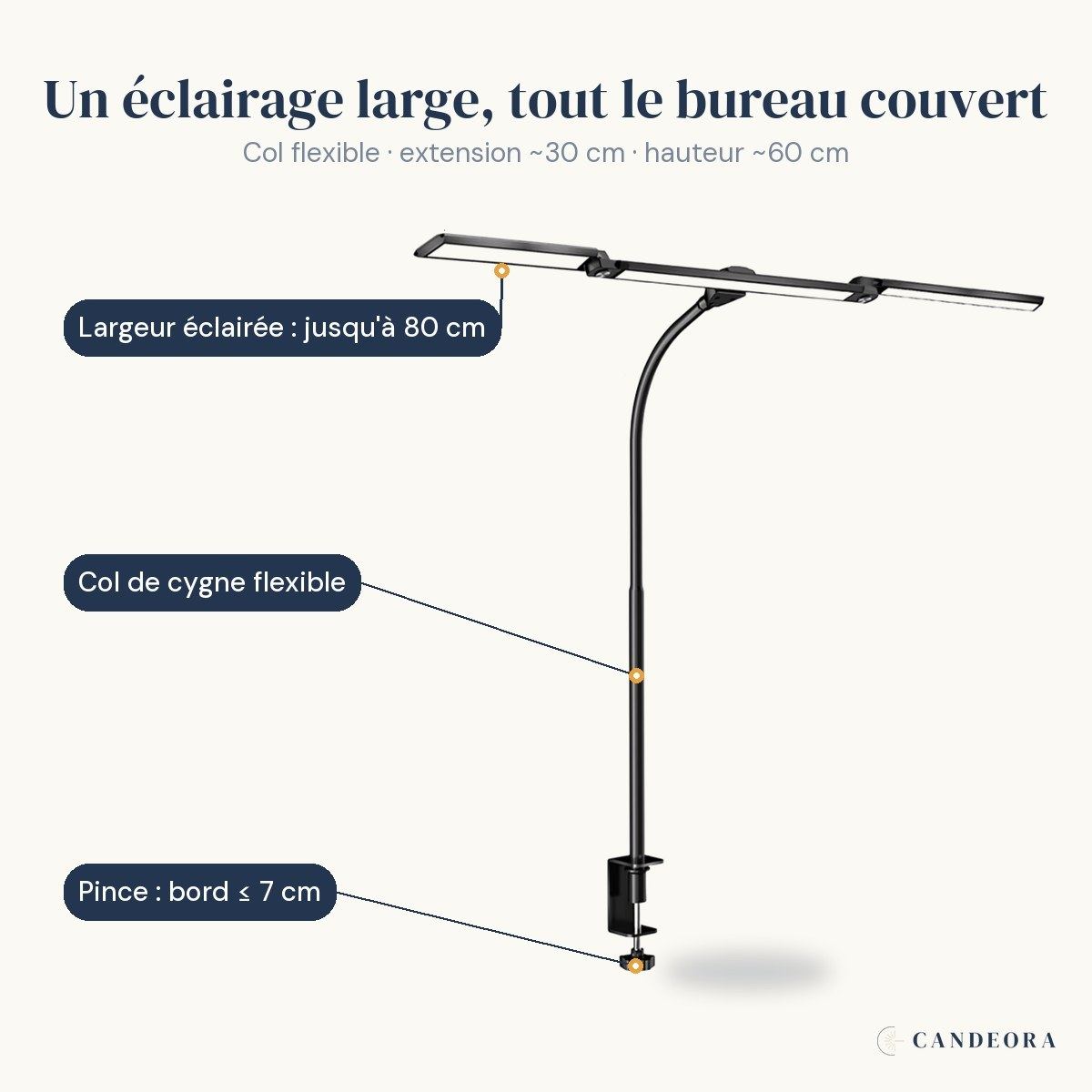Lampe de bureau Orion : barre jusqu'à 80 cm, col flexible, pince à visser
