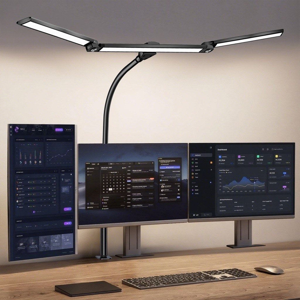 Lampe de bureau LED Orion à 2 têtes éclairant un poste à trois écrans en lumière blanche — Candeora