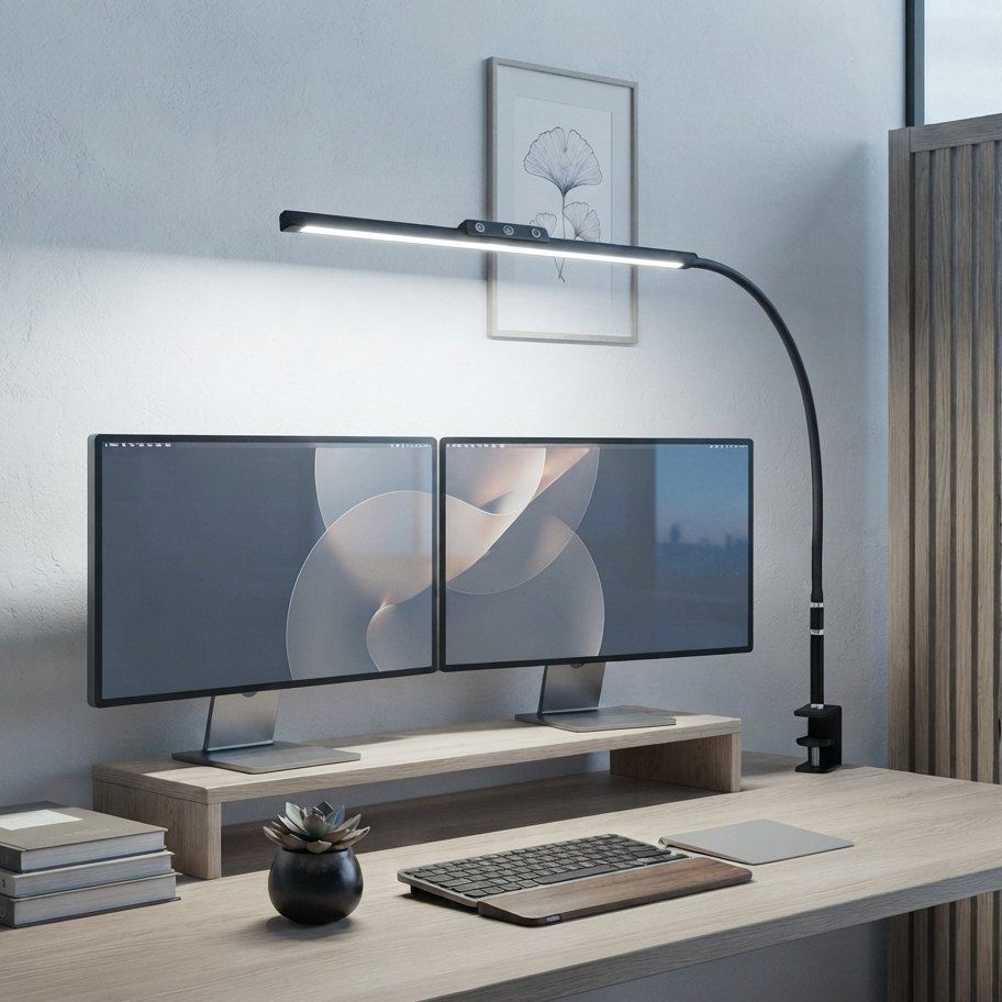 Lampe de bureau LED Orion éclairant un double écran en lumière froide, en journée
