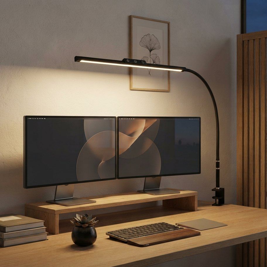 Lampe de bureau LED Orion éclairant un double écran en lumière chaude, le soir