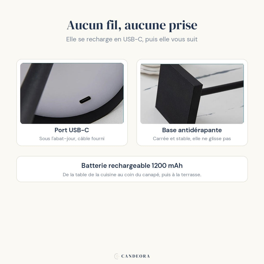 Recharge USB-C et base antidérapante de la lampe sans fil Alizé Candeora