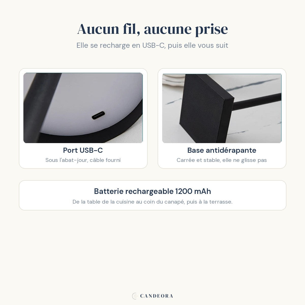 Recharge USB-C et base antidérapante de la lampe sans fil Alizé Candeora