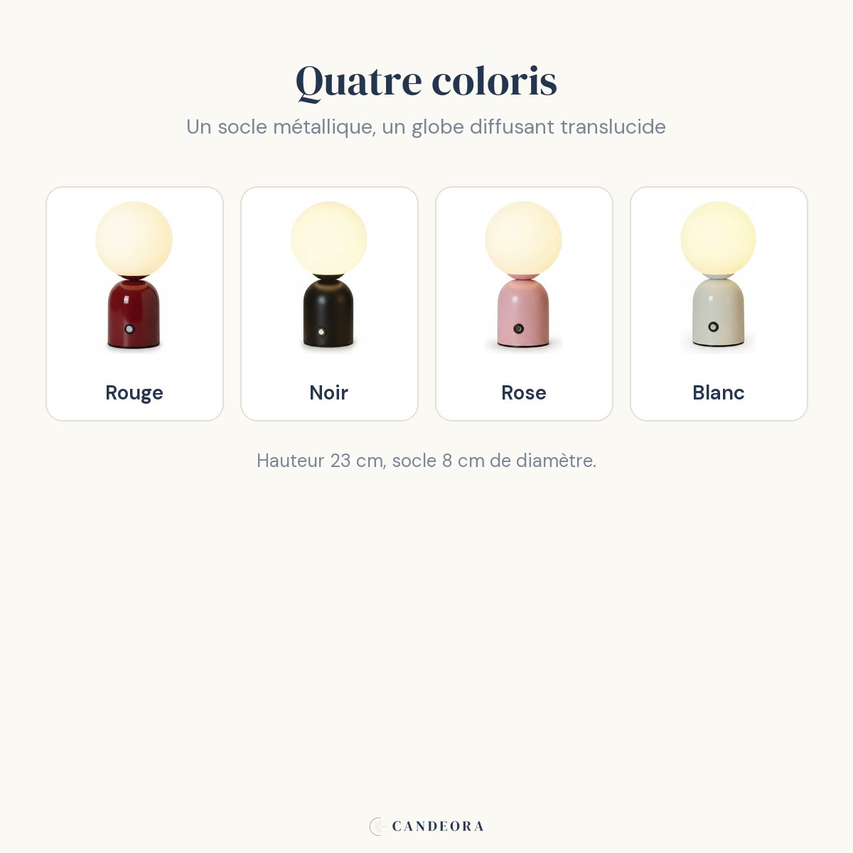 Infographie des quatre coloris de la lampe de bureau sans fil Foehn