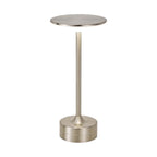 Lampe de bureau sans fil Zéphyr, finition argent - colonne en métal et disque lumineux, sur fond blanc.
