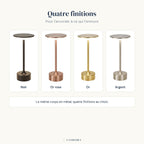Les quatre finitions de la lampe Zéphyr Candeora : noir, or rose, or et argent