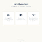 Sans fil : recharge USB-C en 3 heures, posable partout, du bureau à la terrasse.