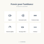 Les atouts de la lampe Zéphyr : sans fil, tactile, 3 teintes, intensité réglable, USB-C, 4 finitions.