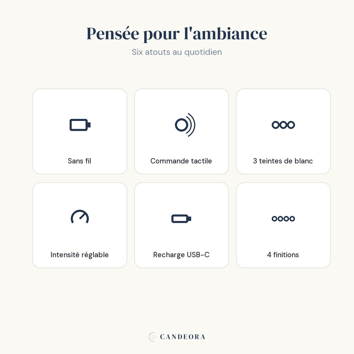 Les atouts de la lampe Zéphyr : sans fil, tactile, 3 teintes, intensité réglable, USB-C, 4 finitions.