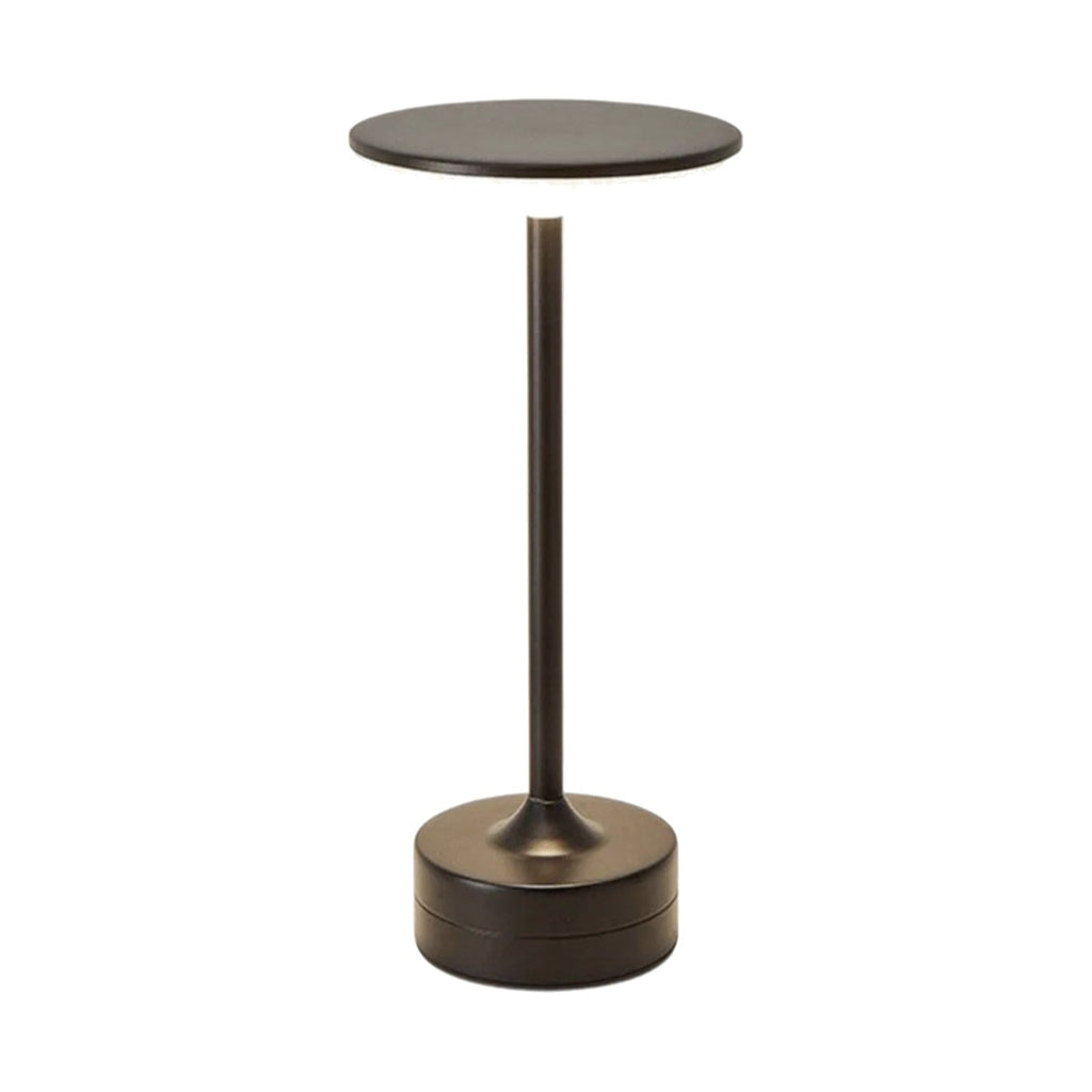 Lampe de bureau sans fil Zéphyr, finition noire - colonne en métal et disque lumineux, sur fond blanc.