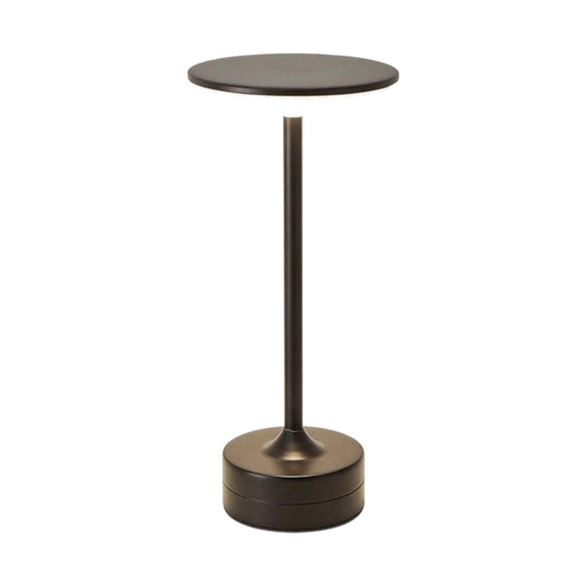 Lampe de bureau sans fil Zéphyr, finition noire - colonne en métal et disque lumineux, sur fond blanc.