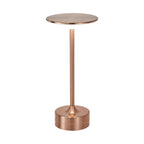 Lampe de bureau sans fil Zéphyr, finition or rose - colonne en métal et disque lumineux, sur fond blanc.