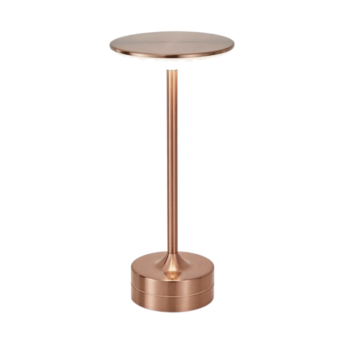 Lampe de bureau sans fil Zéphyr, finition or rose - colonne en métal et disque lumineux, sur fond blanc.
